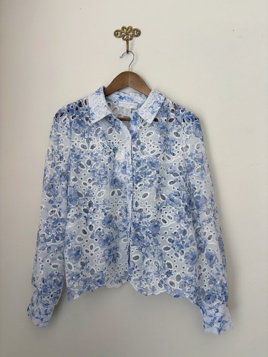Caroline Constas Tops - Caroline Constas Blue Floral Eyelet Button Up Top Medium NEW NWT